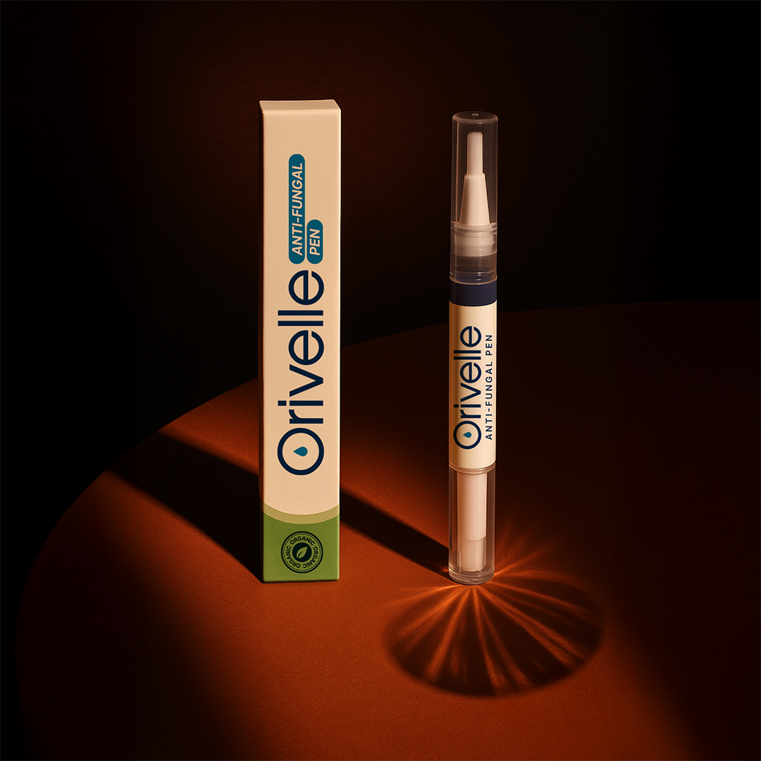 Orivelle Anti-Fungal Pen and packaging in a dramatic premium product scene